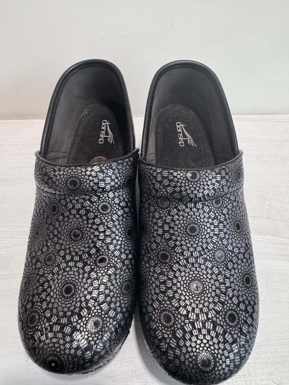 Dansko Pro XP Black and Silver Medallion Embossed Patent Clogs